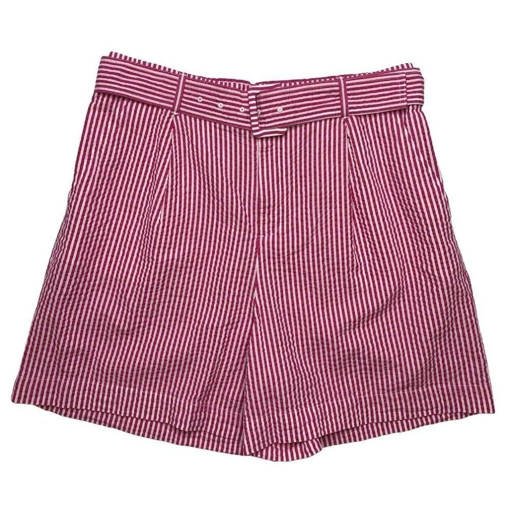 High Rise Belted Shorts Women's XL Pink White Striped Elastic Waist Pockets NEW